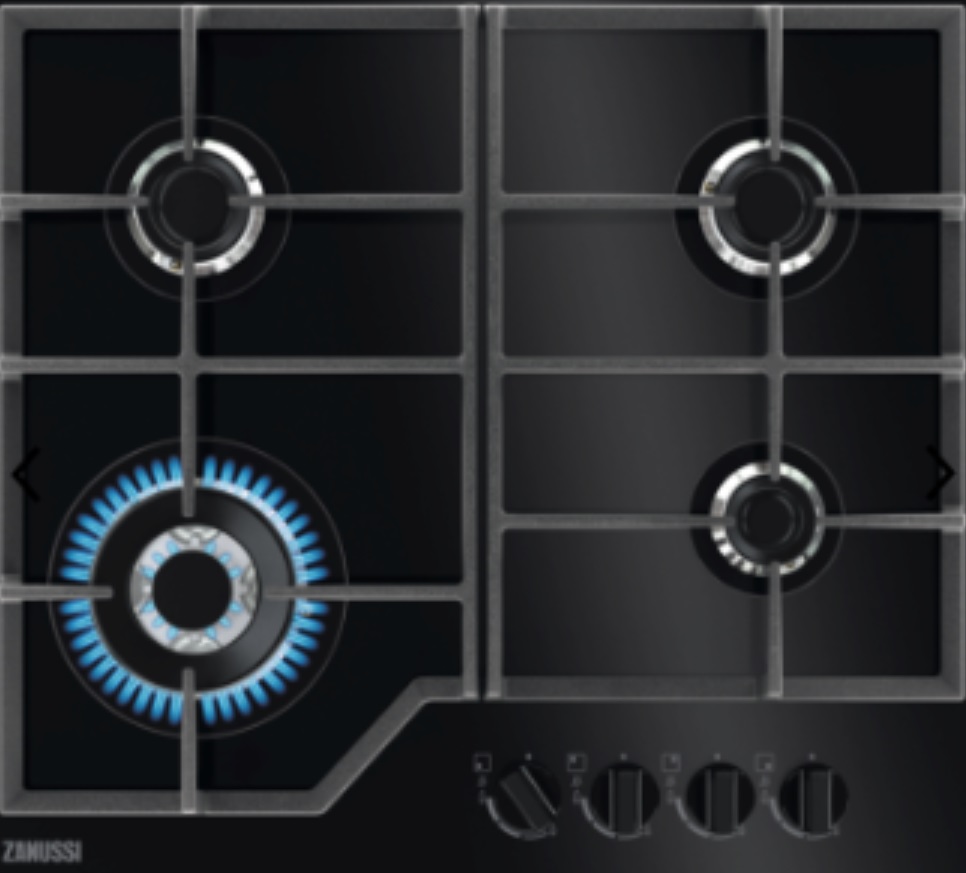 Zanussi ZGGN645K gas hob with one ring burning.